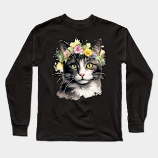 Domestic Shorthair Cat Flowers Water Color Cat Mom Mother's Day Gift Long Sleeve T-Shirt